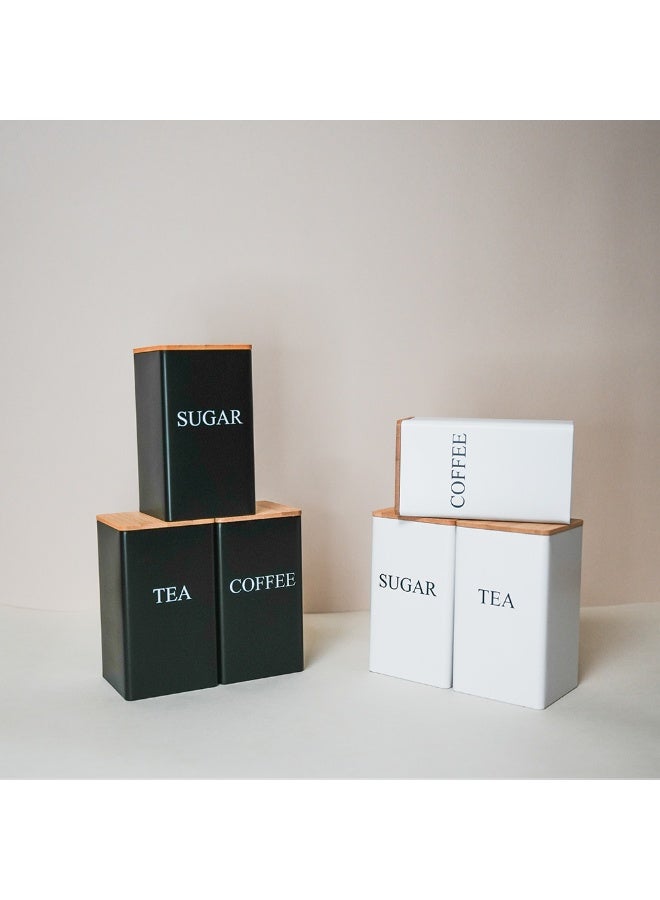 بيرام طقم حاويات معدنية للشاي والقهوة والسكر مع غطاء من الخيزران محكمة الإغلاق للتخزين في المنزل والمطبخ صندوق شاي وطقم حاويات لحبوب القهوة لتحسين المنزل بتصميم عصري باللون الأبيض - Image 2